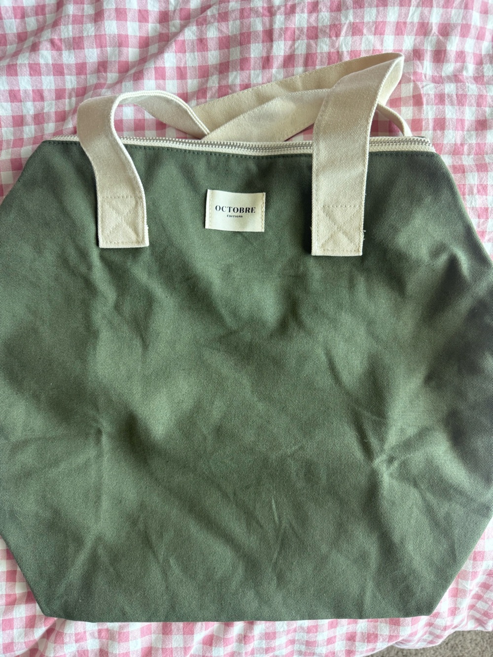 OCTOBRE Olive Canvas Tote Bag with Cream Handles duffle bag